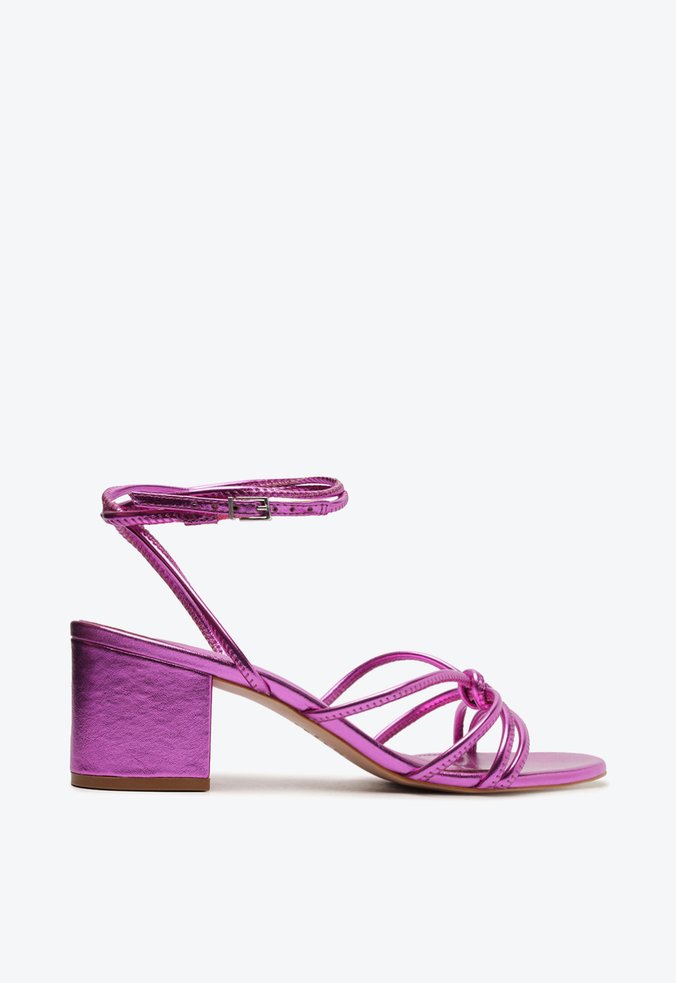 Sandália Salto Bloco Amarração Metalizada Rosa | Schutz
