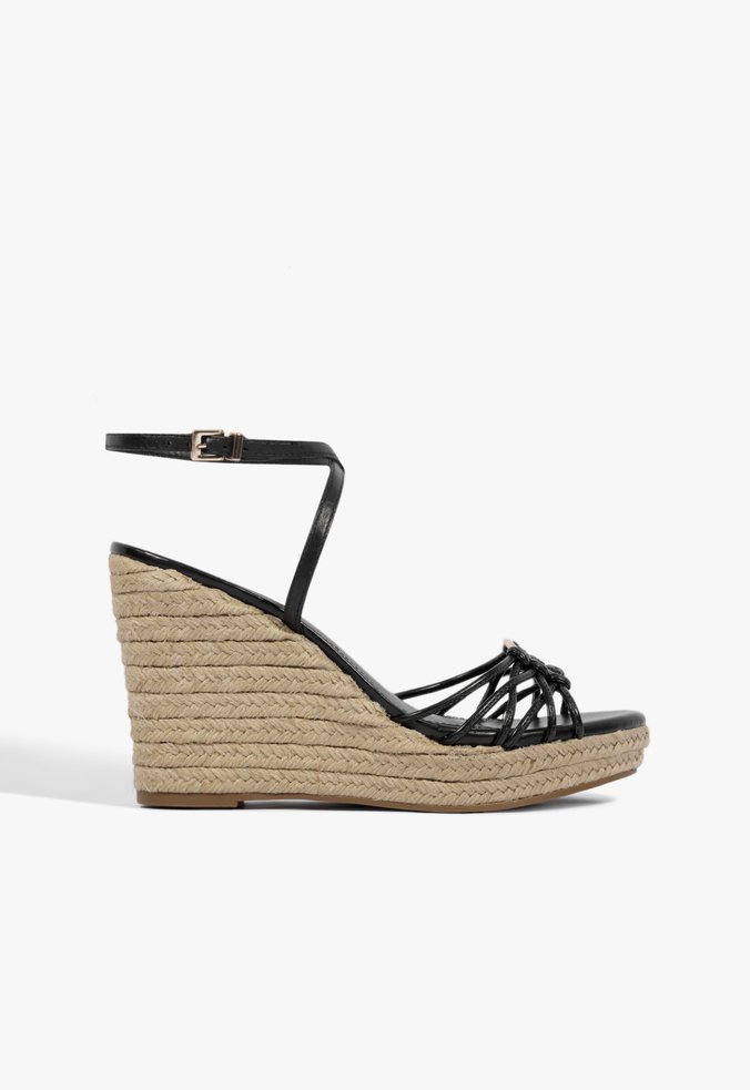 Sandália Anabela Plataforma Palha e Preto