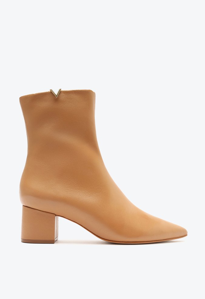 Bota Salto Bloco Médio Casual Couro Bege