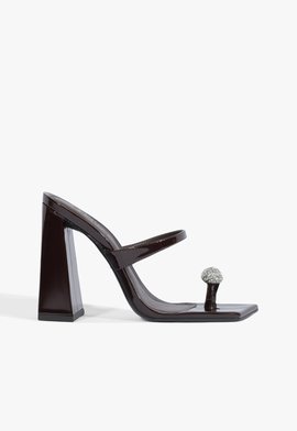 Sandália Mule Salto Alto Verniz Strass Couro Marrom