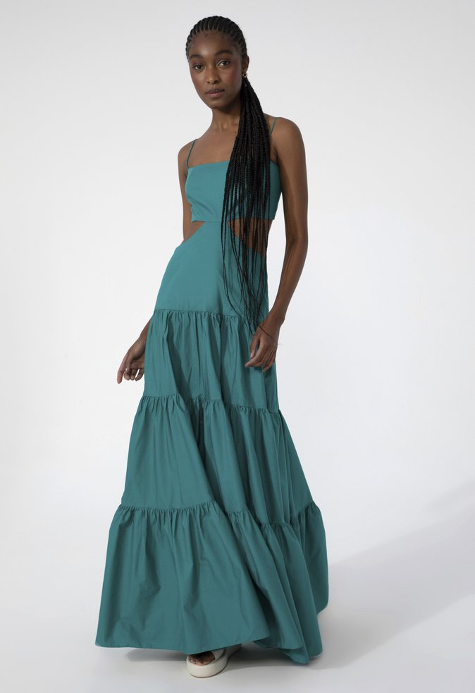 Vestido Longo Nanda Em Tricoline Azul Petróleo