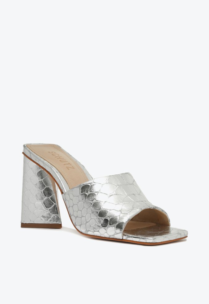 Sandália Mule Salto Bloco Lizah Croco Prata Sandália Mule Salto Bloco Lizah Croco Prata