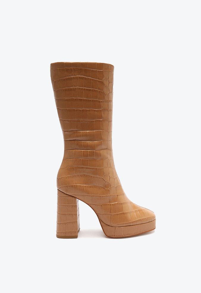 Bota Plataforma Raff Salto Bloco Couro Croco Bege Bota Plataforma Raff Salto Bloco Couro Croco Bege