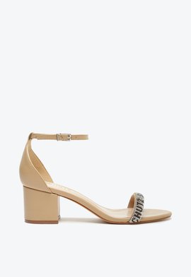 Sandália Logo Pedrarias Salto Bloco Bege