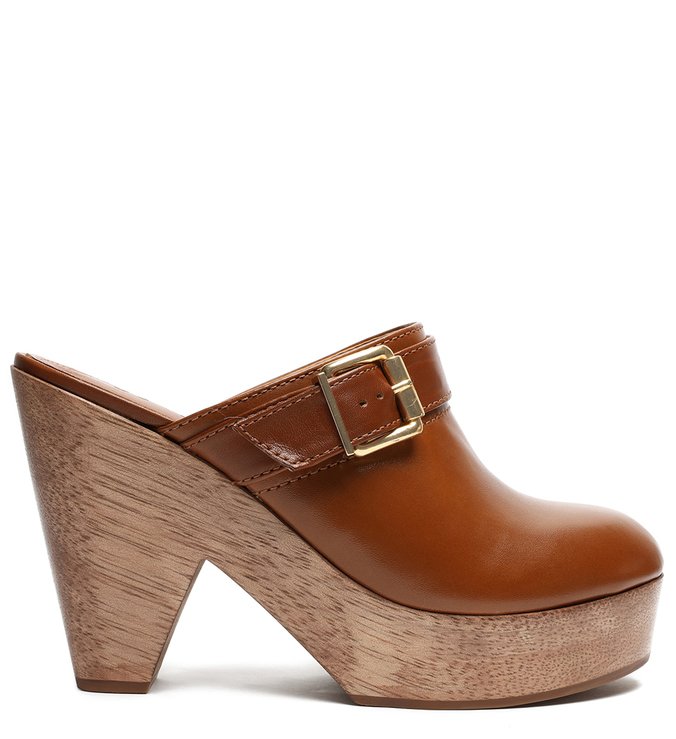 Mule Clog Salto Alto Madeira Couro Marrom