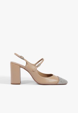 Sapato Scarpin Slingback Salto Bloco Alto Nude