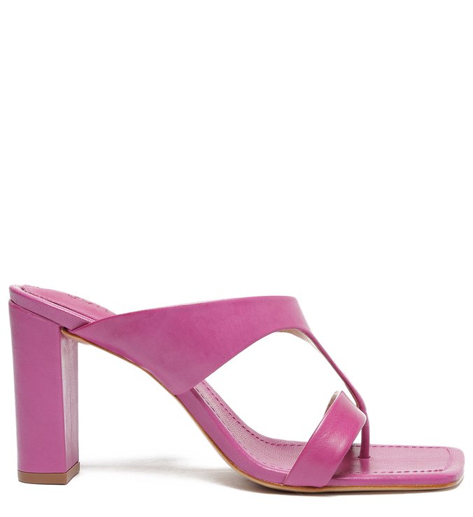 Sandália Mule Salto Bloco Alto Couro Rosa