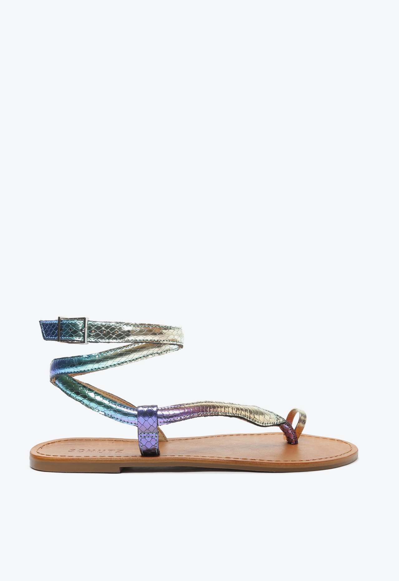 Sandália Rasteira Courtney Couro Snake Holográfica Azul | Schutz