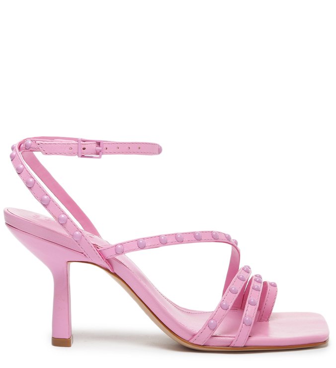 Sandália de Salto Médio Tiras Tachas Rosa