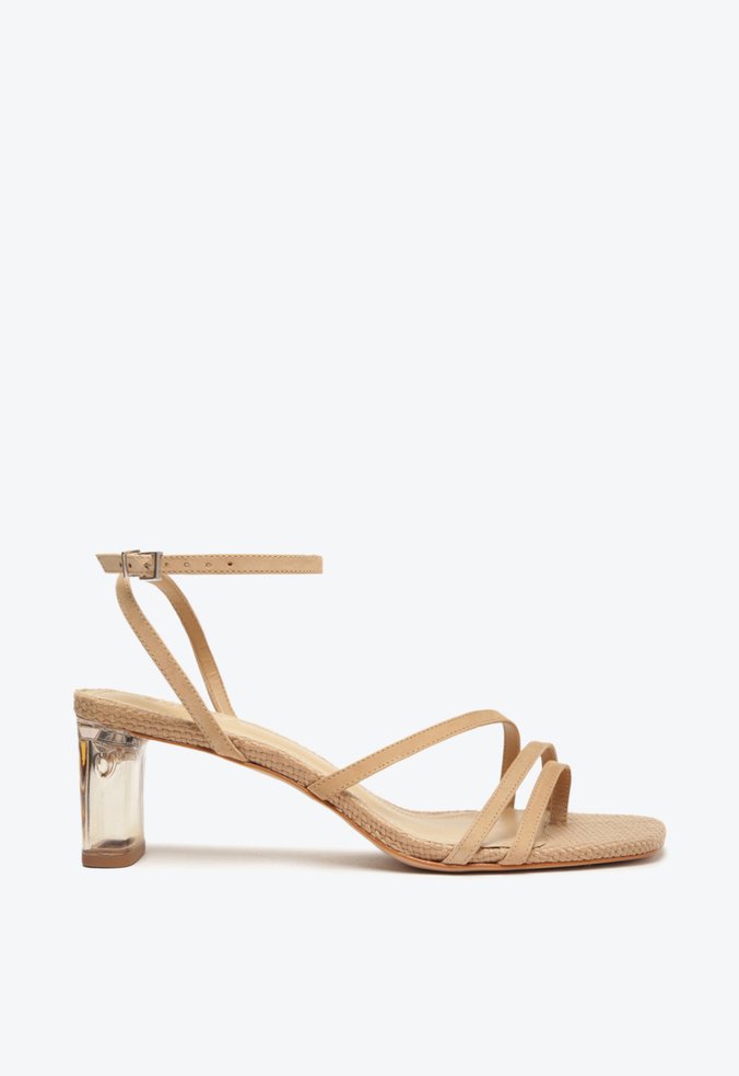 Sandália Salto Acrílico Nobuck Bege