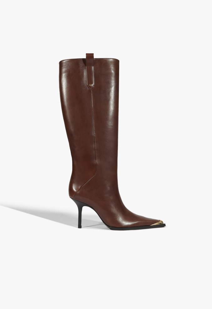 Bota Raffaela Up Cap Toe Couro Marrom Cano Alto