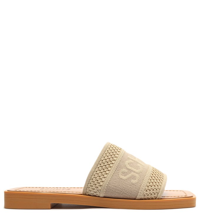 Sandália Rasteira Slide Knit Bico Quadrado Bege