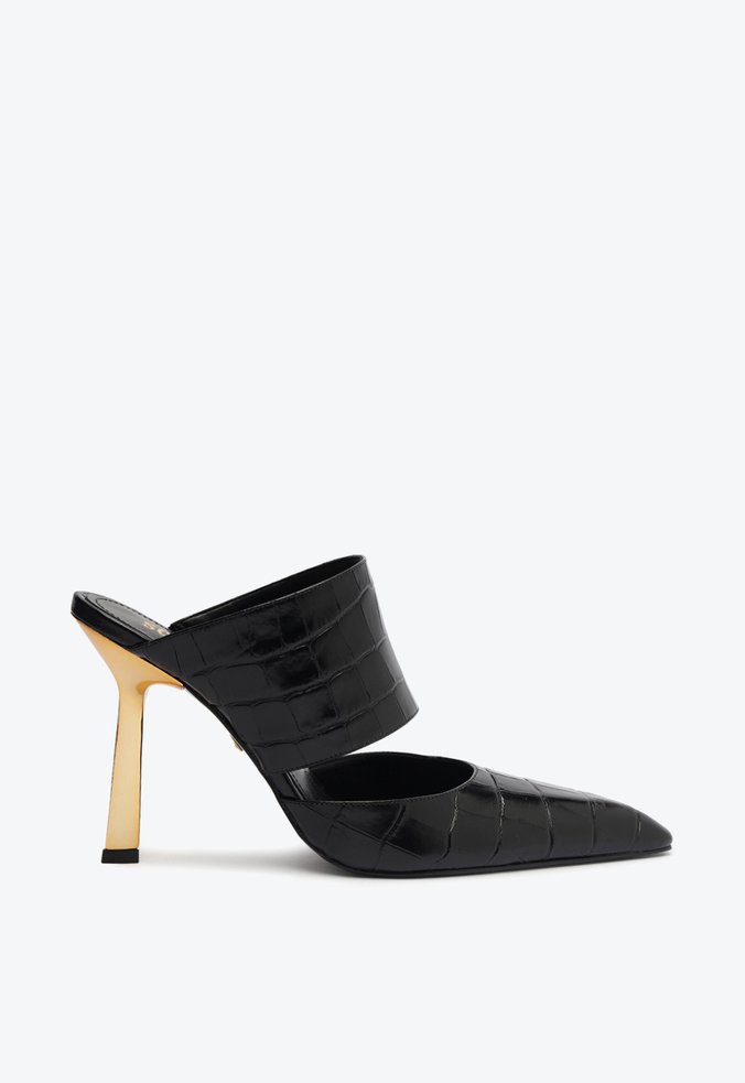 Mule Salto Ciara Couro Croco Preto