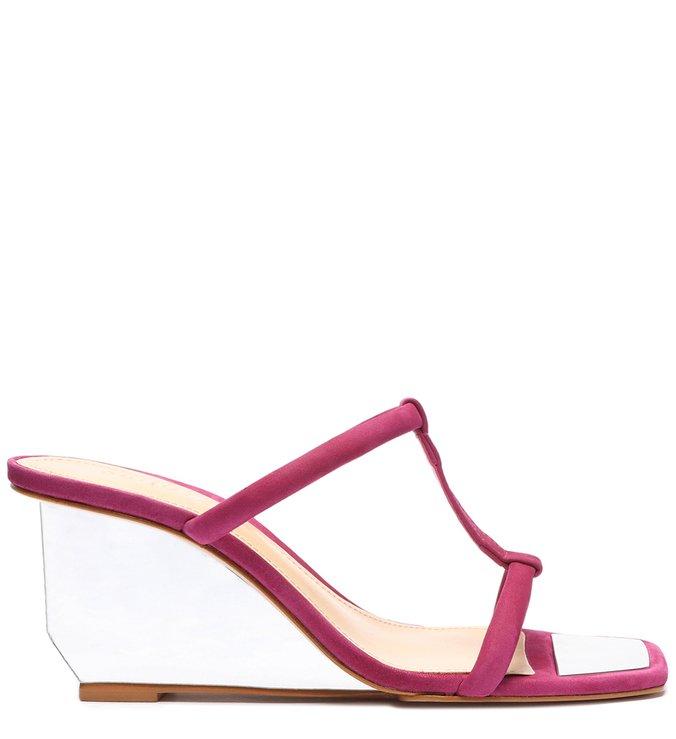 Sandália Mule Salto Anabela Espelhado Rosa