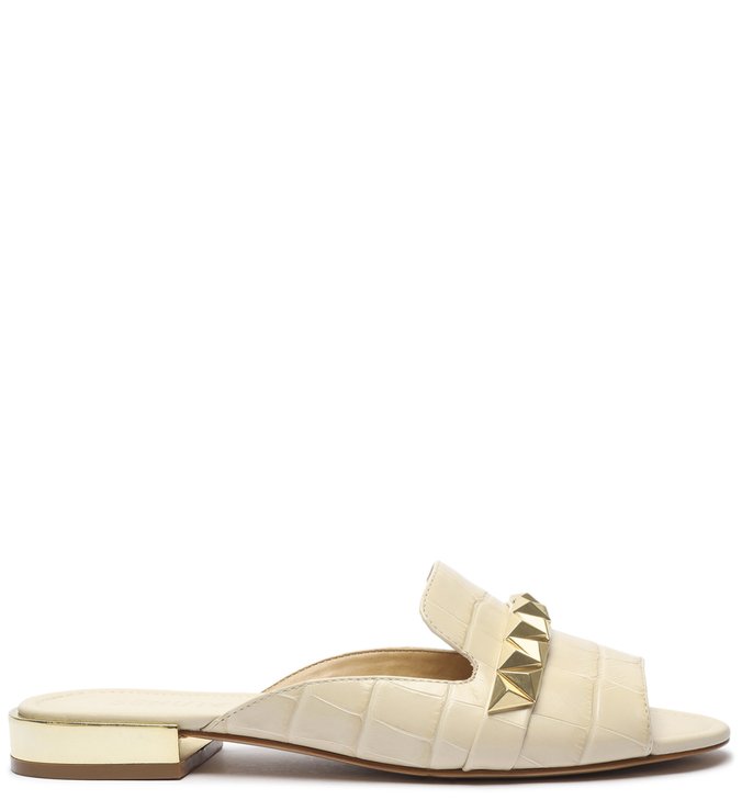 Sapato Mule Rasteira Croco Tachas Creme