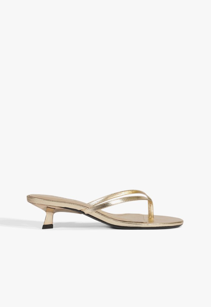Sandália Mule Tiras Salto Baixo Couro Dourado