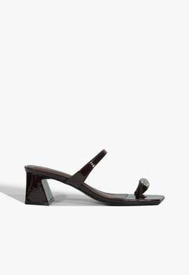 Sandália Mule Salto Médio Verniz Strass Couro Marrom