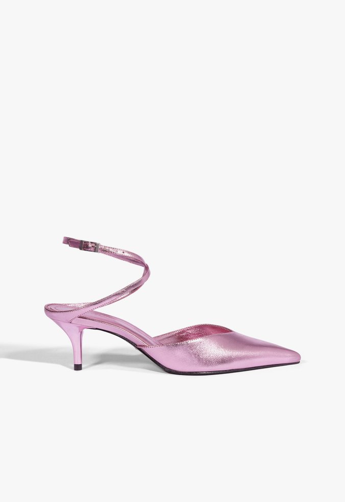 Scarpin Salto Médio Tiras Couro Rosa Metalizado