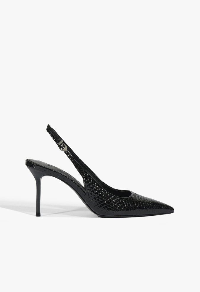 Sapato Scarpin Slingback Paola Couro Croco Preto