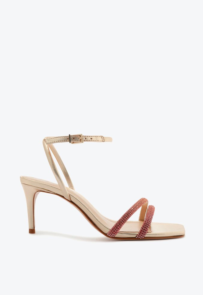 Sandália de Salto Médio Fino Pedraria Dourada | Schutz