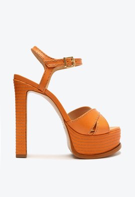 Sandália Plataforma Salto Alto Couro Laranja