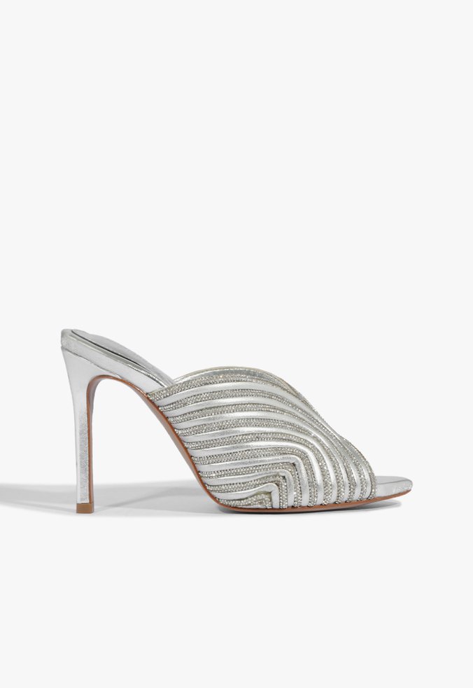 Sandália Mule Salto Fino Strass Prata