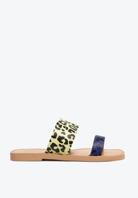 Sandália Rasteira Slide Couro Animal Print Bicolor