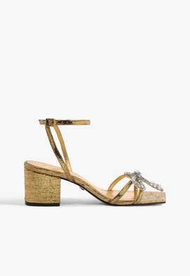 Sandália Dourada com Laço de Cristais e Salto Bloco