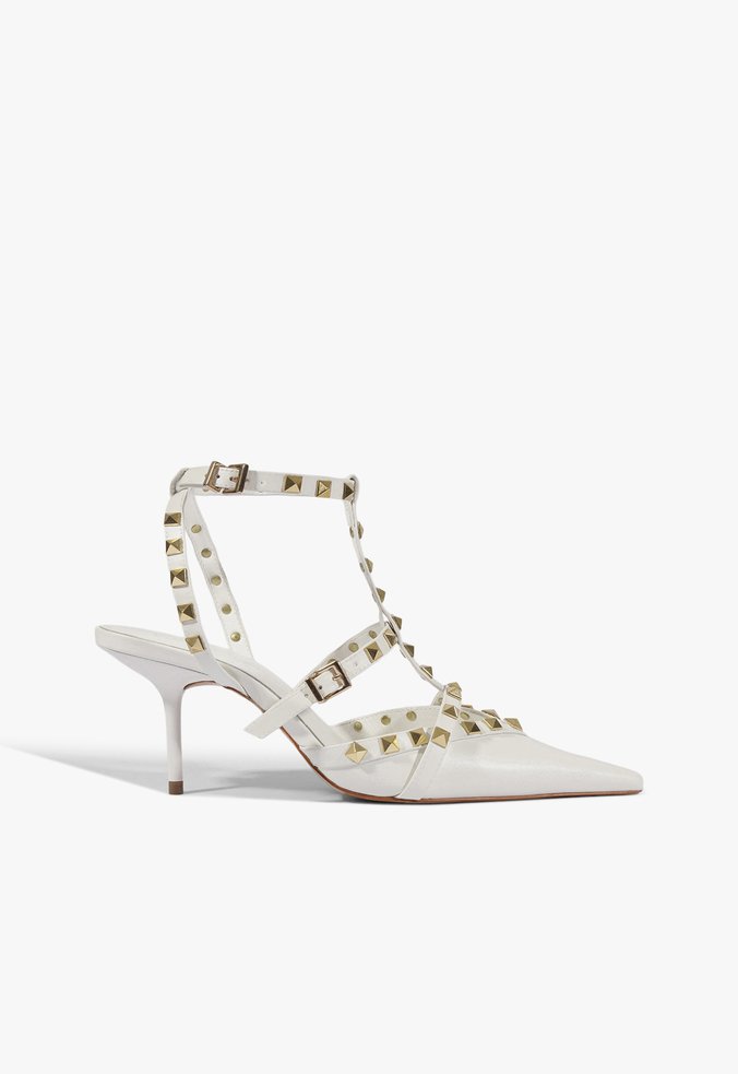 Scarpin Salto Médio Fino Tachas Branca