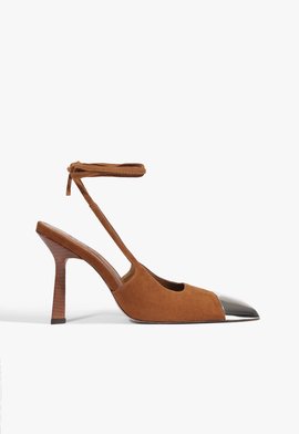 Slingback Biqueira de Metal Couro Marrom