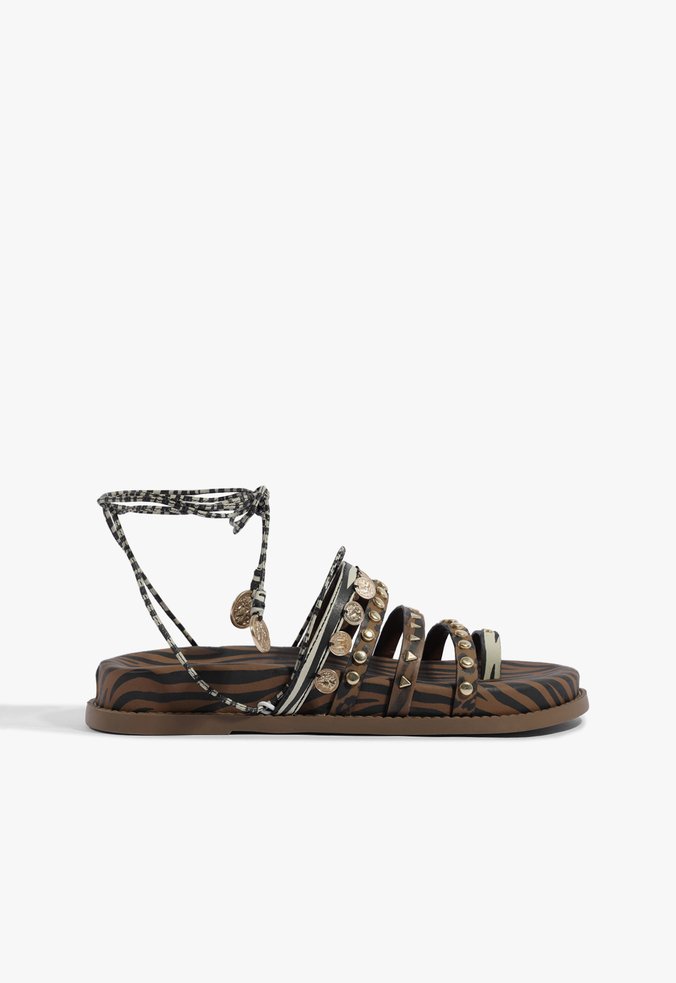 Sandália Papete Couro Tachas Amarração Animal Print