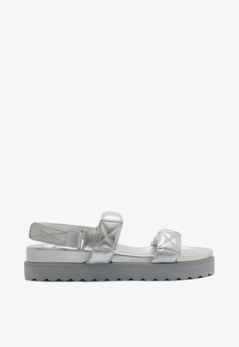 Sandália Papete Couro Prateada Tira Metalizada