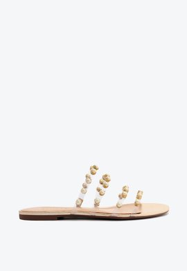 Sandália Rasteira Pedrarias Vinil Dourada