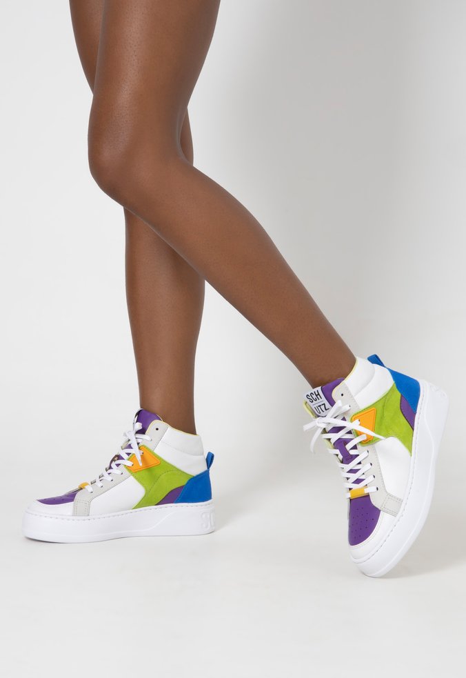 Tênis Cano Alto Couro Branco e Multicolorido