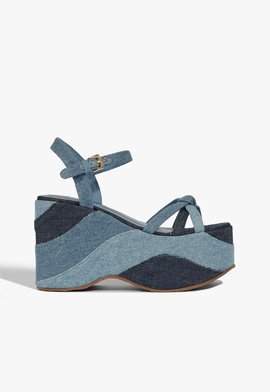 Sandália Anabela Meia Pata Patchwork Jeans