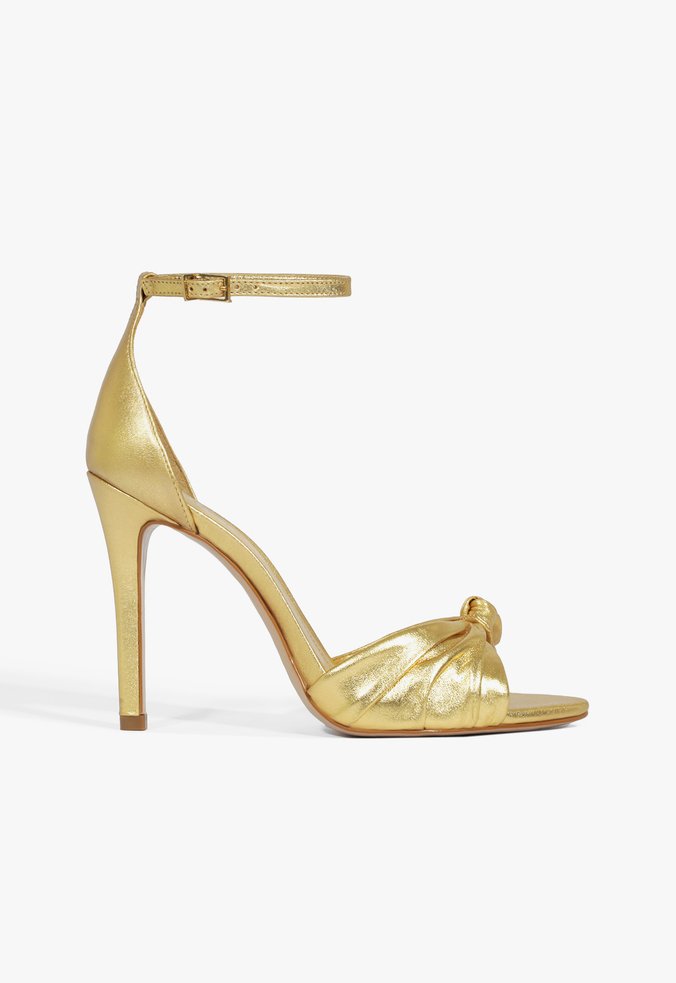 Sandália Salto Fino Couro Laço Dourada